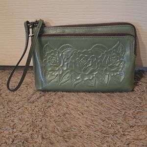 Patricia Nash Olive Floral Embossed Wristlet